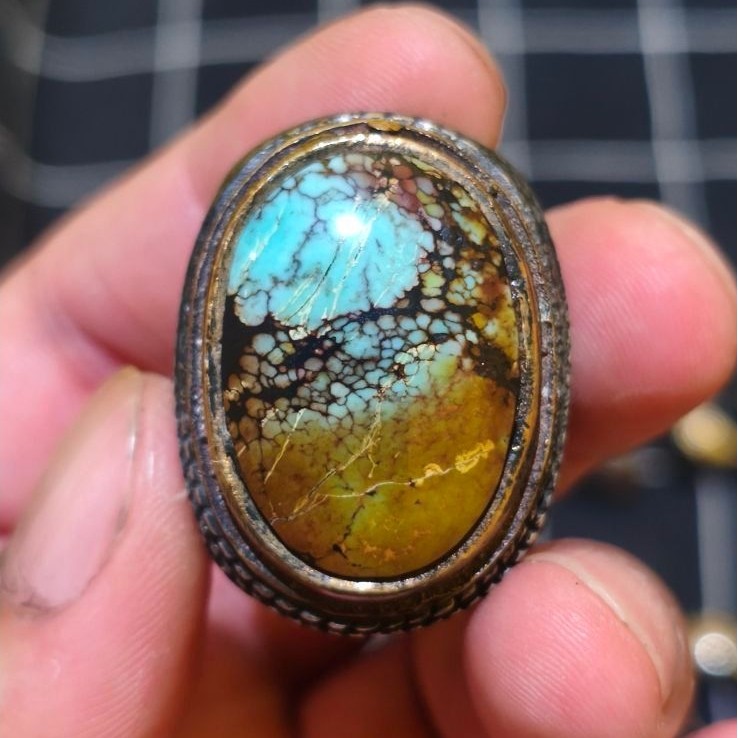 Cincin Batu Akik Pirus Hubei Dwi warna
