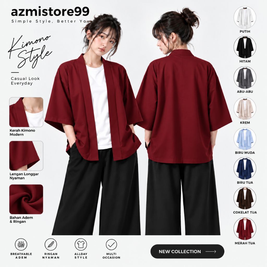 AZM Outer Kimono Pria Wanita Bahan Linen Premium Merah Tua - Gratis Ongkir