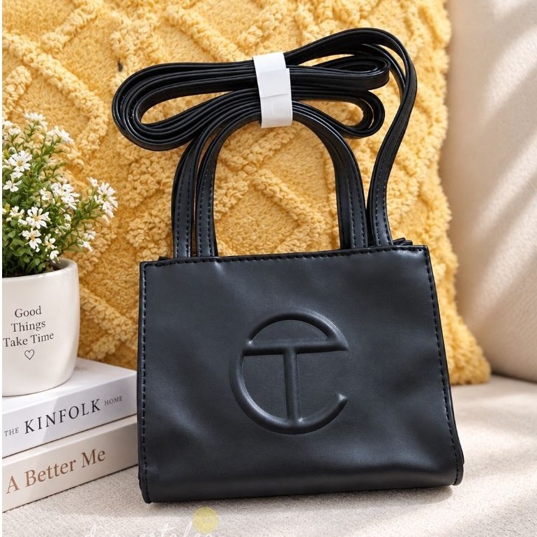 TELFAR Small Mini Shopping Bag Kulit Sintetis Double Strap Motif Logo Hitam