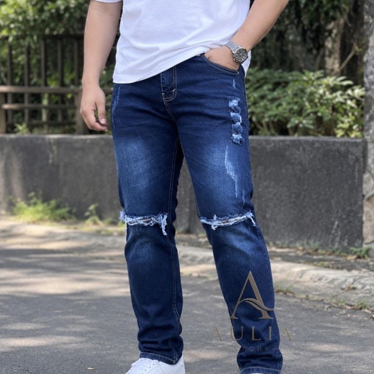 Celana Jeans Big Size Sobek Pria/ Celana Jeans Jumbo Sobek Tidak Tembus/Celana Panjang Pria Sobek Pr