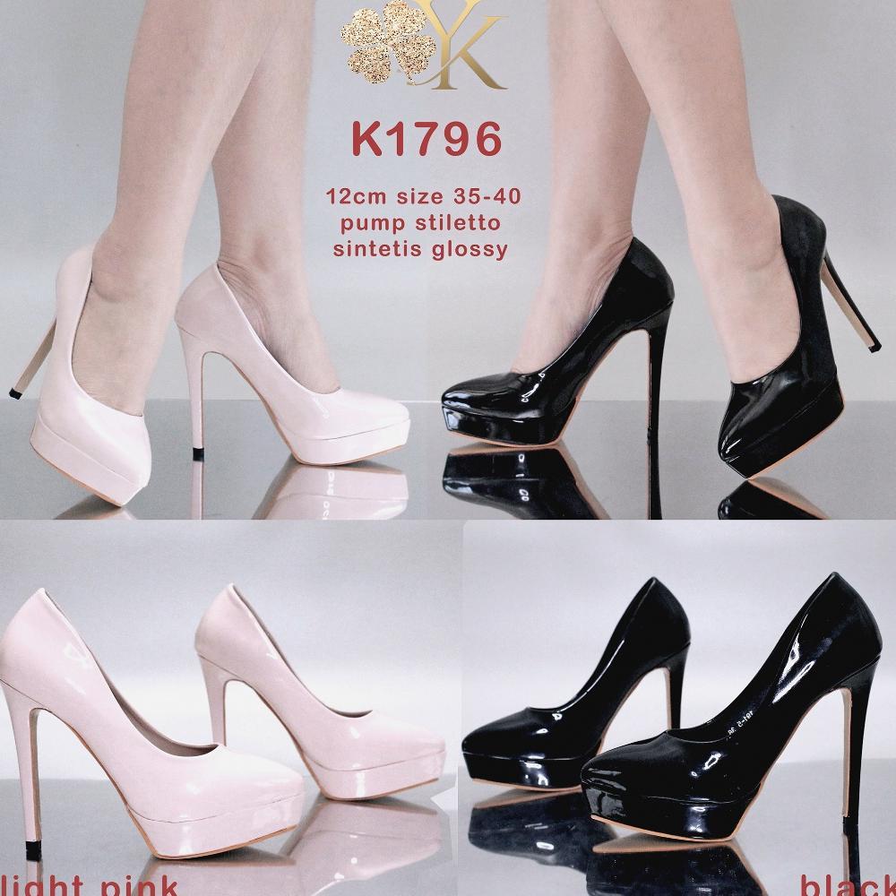 New Ykshoes 1796 Heels 12Cm Pump Pantofel Stiletto Heels Ketutup Heels Pink Hitam Black Sintetis Glo