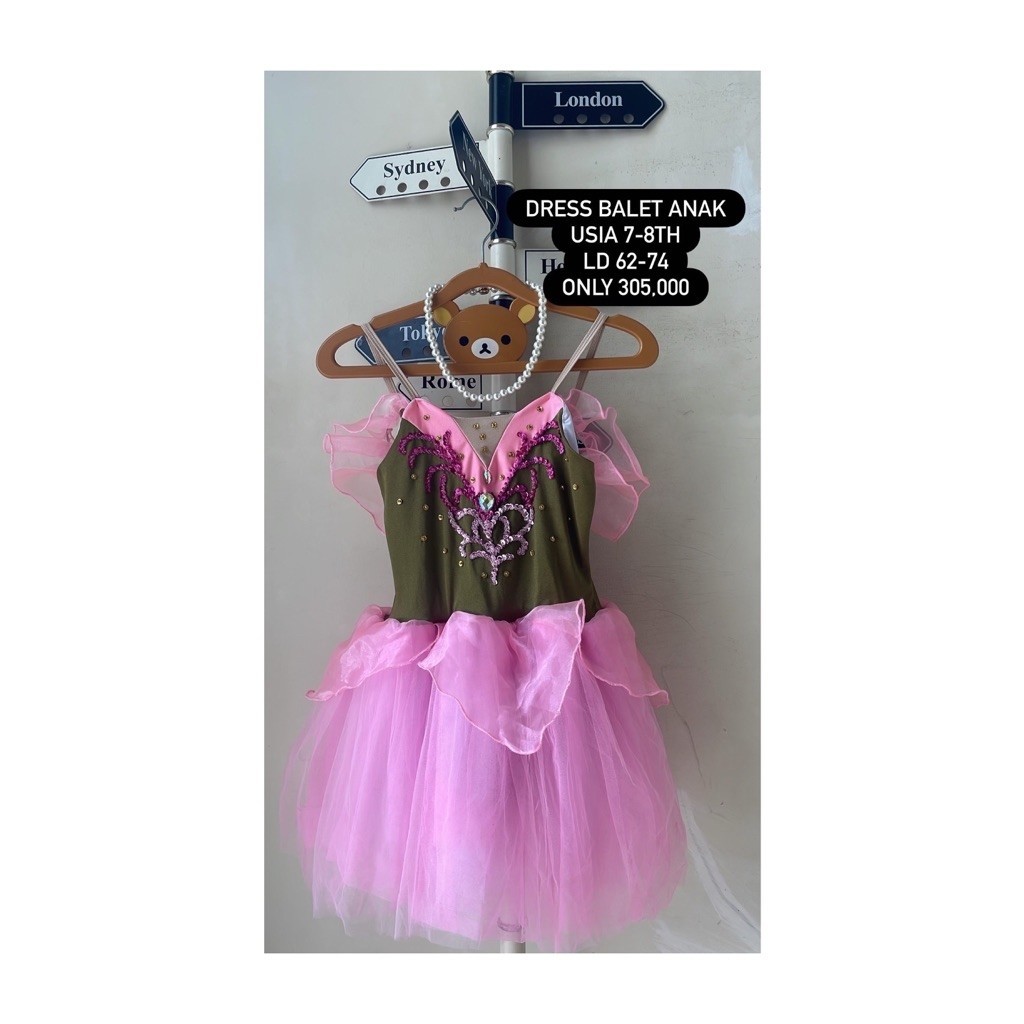 Dress gaun ballerina ballet anak cewek 7 sampai 8 tahun premium barbie swarovski hijau pink tinkerbe