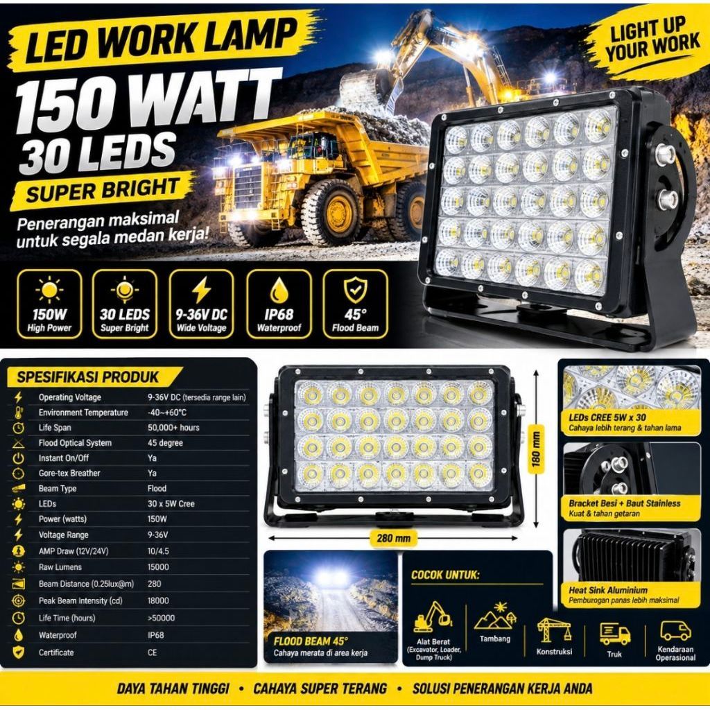 LED Work Lamp 150W – 30 LED CREE Super Bright
LED Work Lamp 150 Watt dengan 30 LED CREE

5W 


