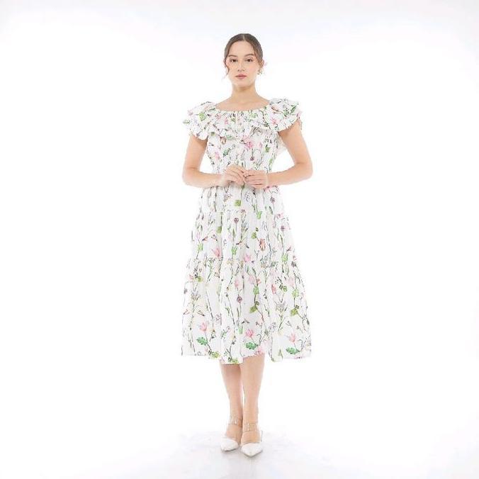 Well- Missmoka Bella Midi Dress Floral Spring Summer Style Off-Shoulder Sabrina Neck Lengan Pendek L