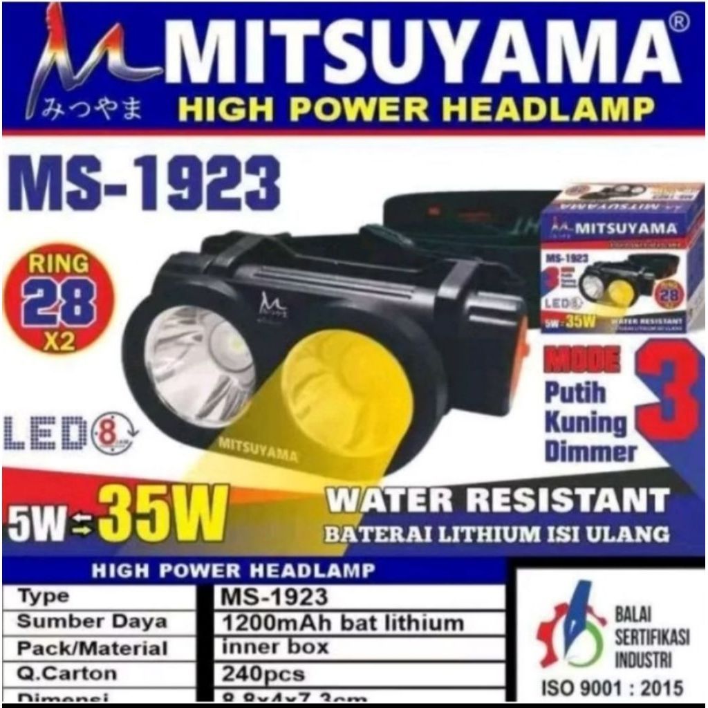 Lampu senter kepala 2 cahaya Mitsuyama MS-1923