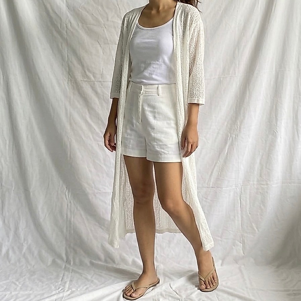 Preloved Long Knit Cardigan Outer | Cardigan Rajut Jaring Panjang Putih Wanita | LD 105-110