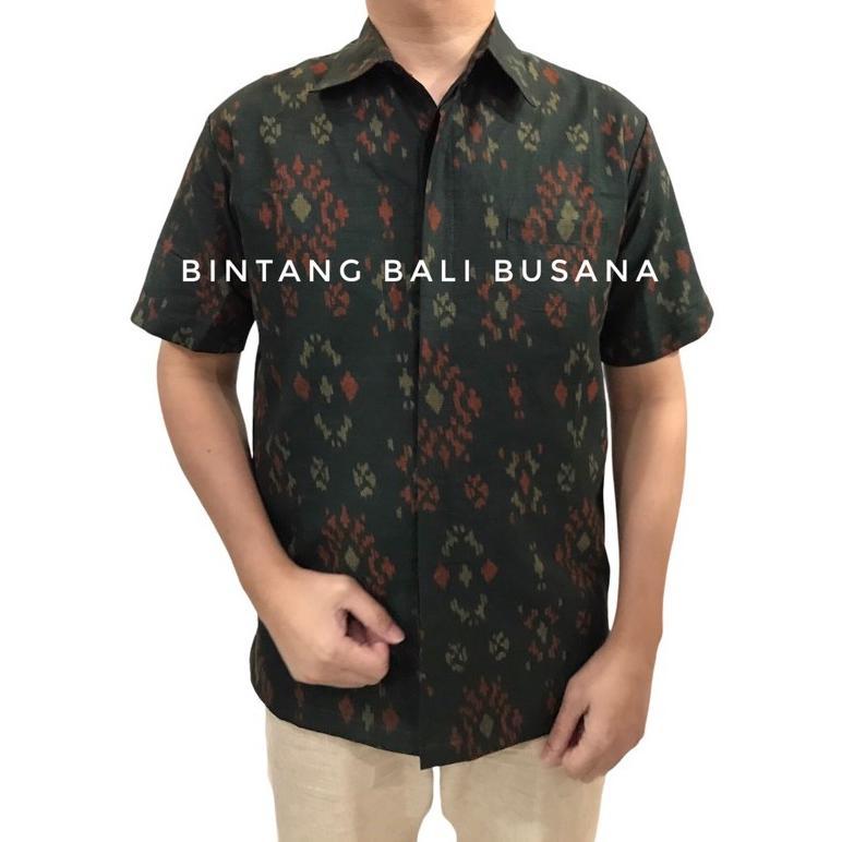 Kemeja Endek Bali Pria Katun Lengan Pendek Bintang Hijau