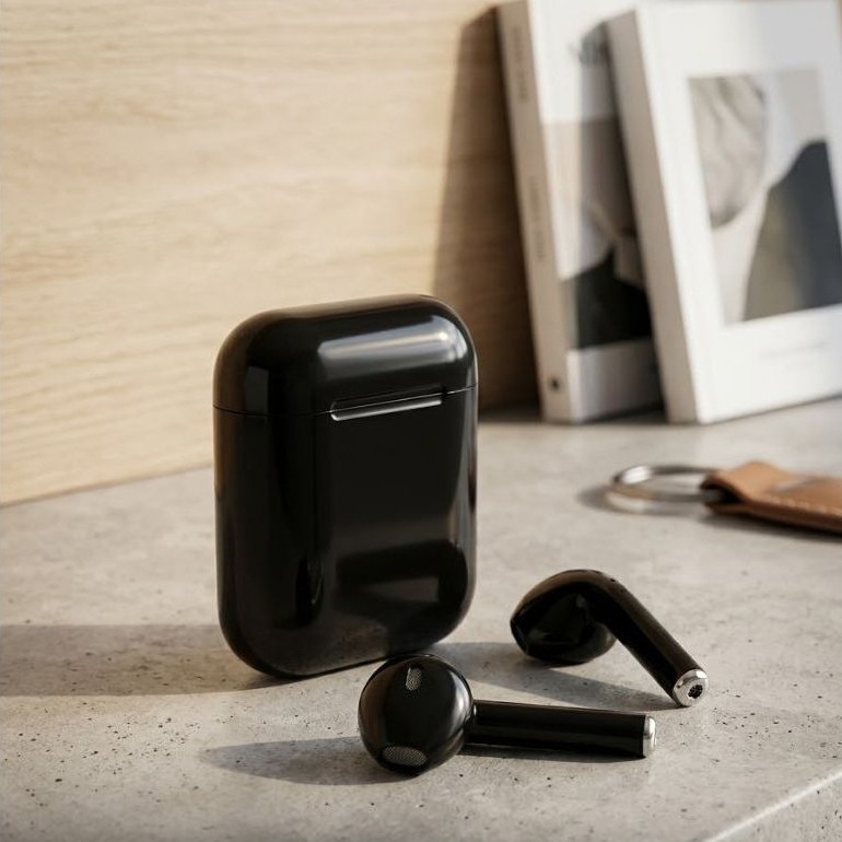 Headset Handsfree Earphone Wireless Bluetooth i12 Hitam Glossy TWS Black