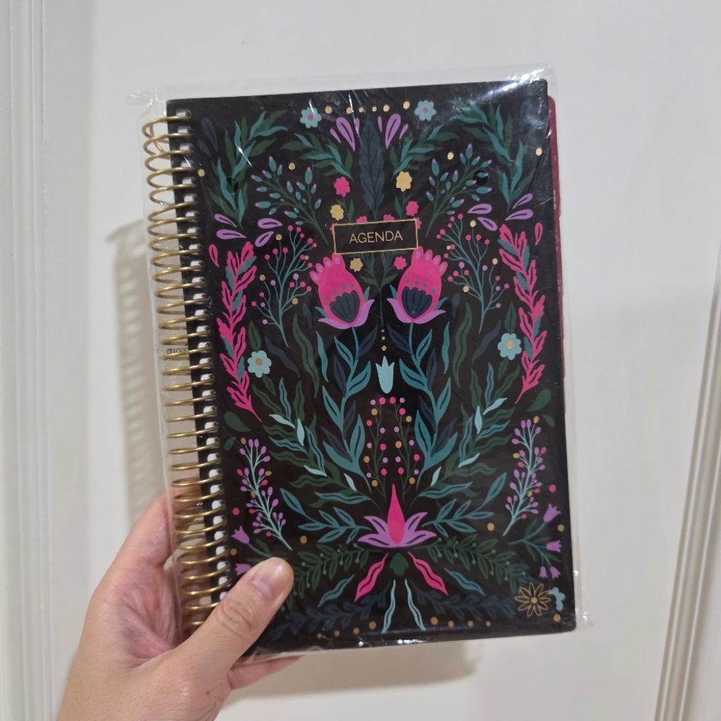 Bloom Undated Spanish Agenda Import USA Spiral Floral Planner Motif Bunga Hitam Warna-warni Buku Cat