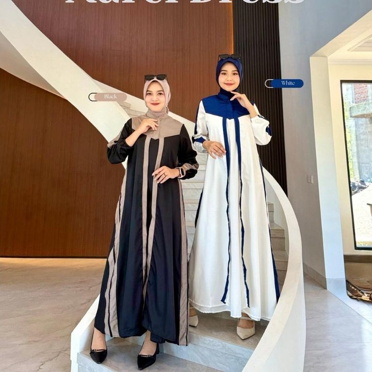 Aurel Dress by Journey Scarves Gamis wanita modern lengan panjang model garis warna hitam putih