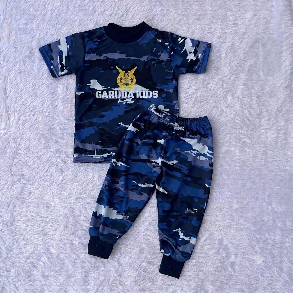 Setelan Baju Loreng Anak Laki Laki TNI AU  Kaos Celana Jogger Loreng Biru Navy Usia 1-8 Tahun