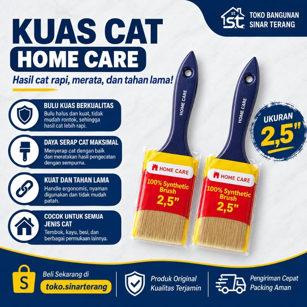 Kuas Cat Home Care 2,5 Inci 100% Kuas Sintetis untuk Semua Jenis Cat