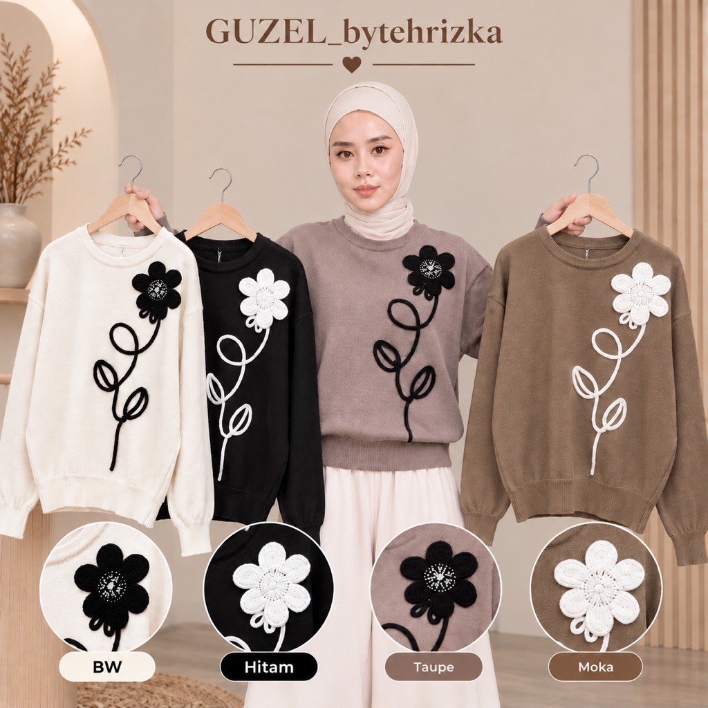 GUZEL- Knit Wanita Bunga 3D | Sweater Rajut Casual Elegan