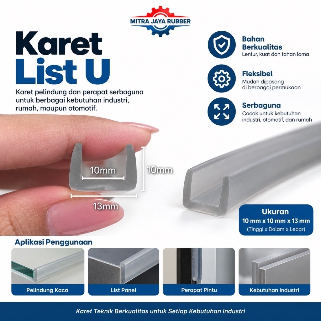 Karet List U kaca 10mm Warna Bening Plat Kaca 1cm