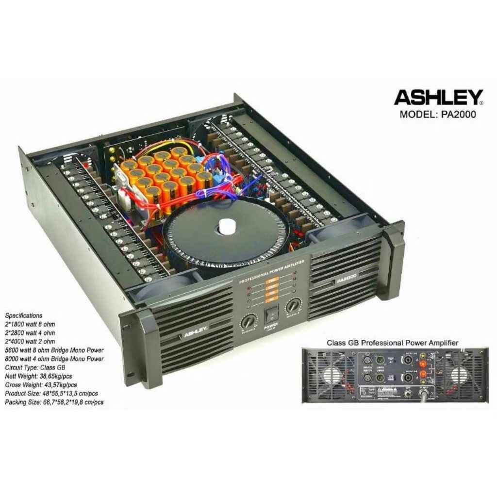 POWER AMPLIFIER ASHLEY 2 CHANNEL CLASS GB 1800WATT ASHLEY PA2000 PA-2000 PA 2000 ORIGINAL BERGARANSI