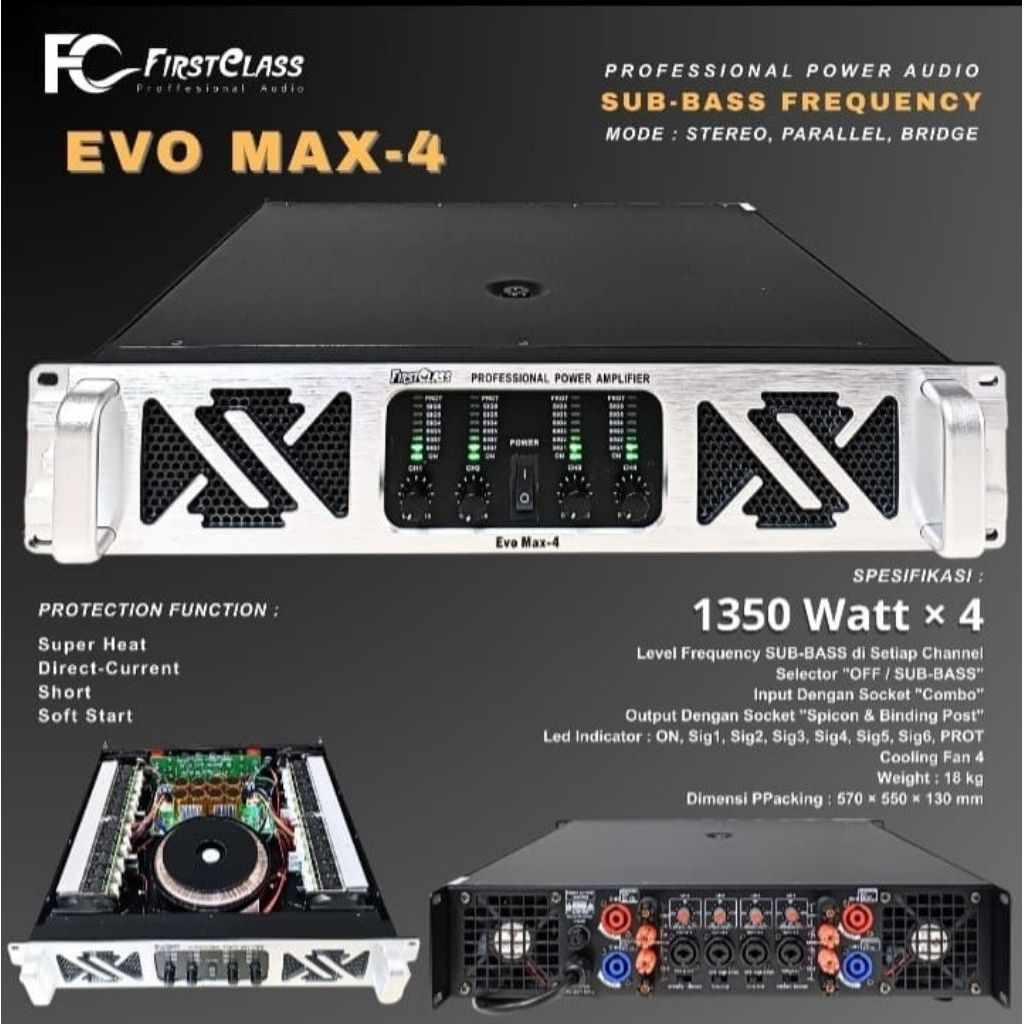 FirstClass EVO MAX-4 Amplifier Daya Profesional Audio Frekuensi Sub-Bass 1350 Watt x 4