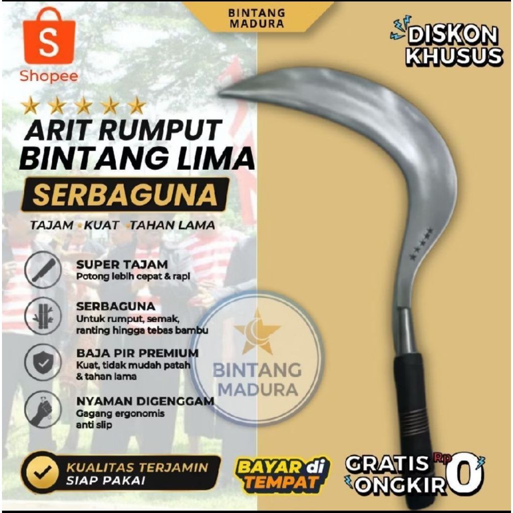 Sabit Arit Rumput Cap TJ Putih Cap TJ Hitam Panjang Model Madura / Alat Arit Rumput Baja Asli Siap p