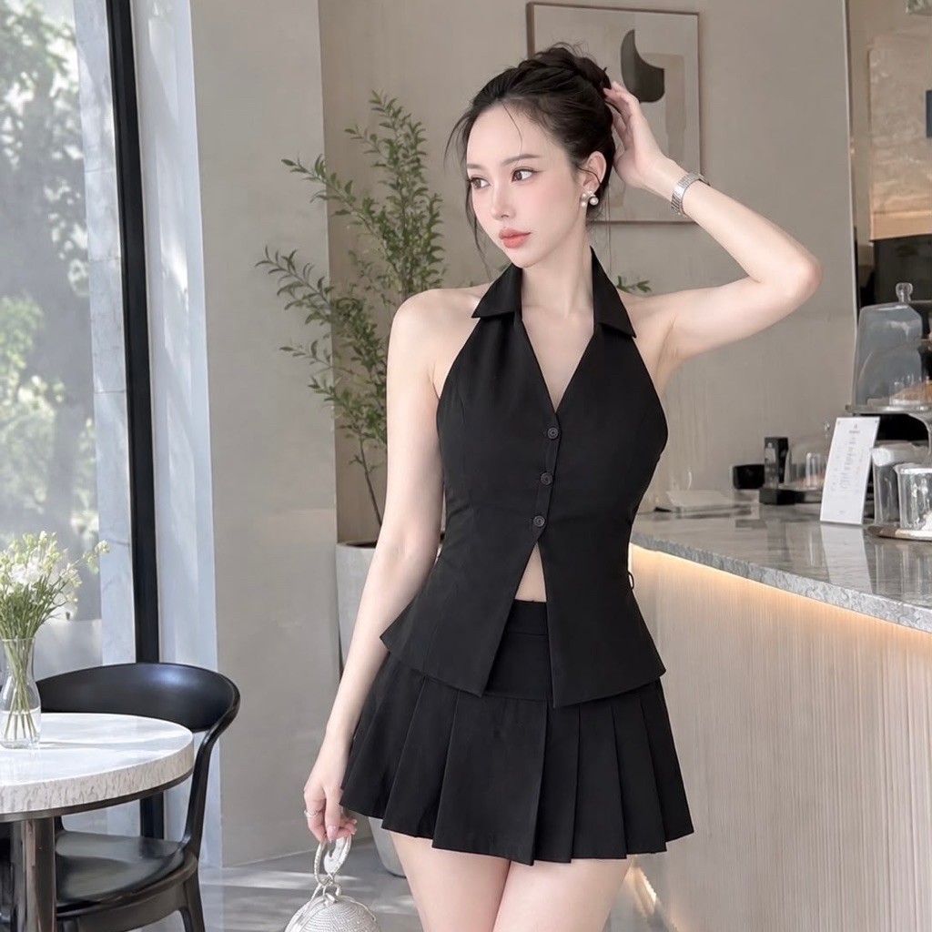 Kenneth Set Summer Basic Casual Party Prom SexyBangkok Sleeveless Vest Blouse Mini Skort Black Beige