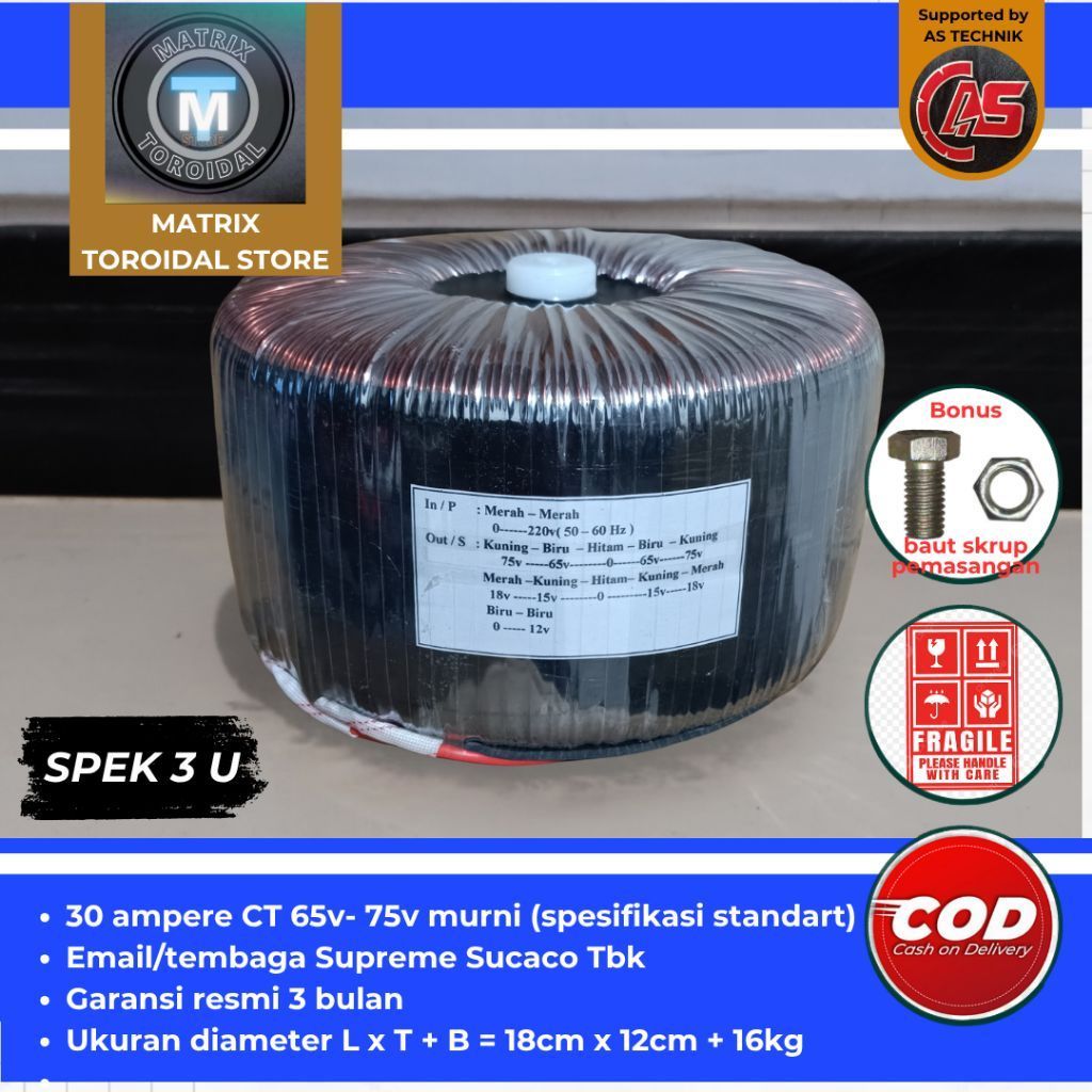trafo toroid donat 30A CT 75V - 65V murni