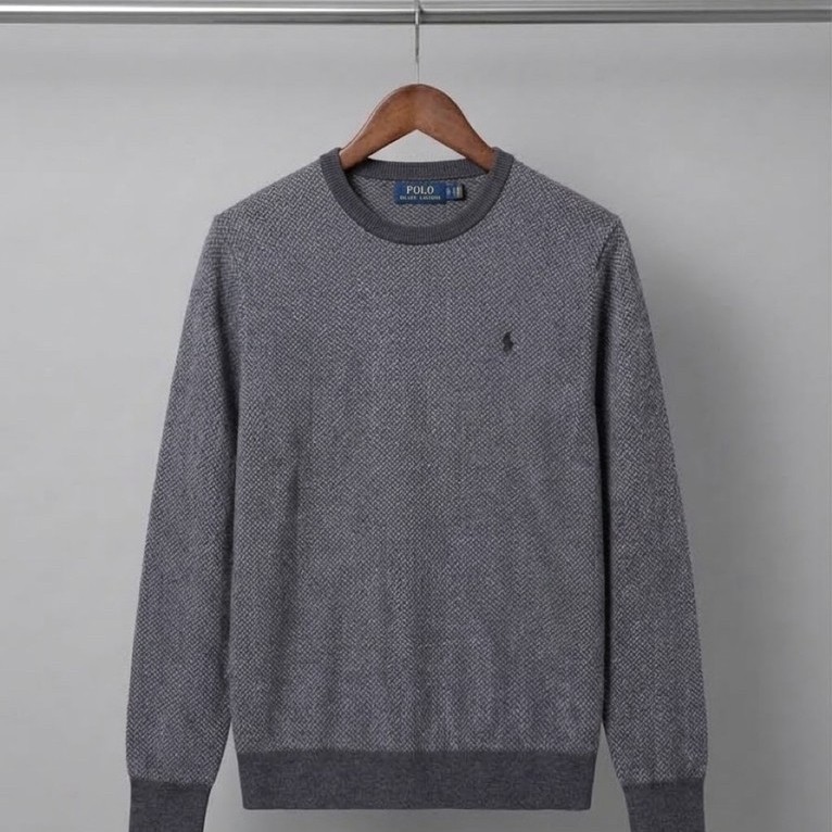 Polo Ralph Lauren Rajut Sweater Pria Herringbone-Knit Washable Wool Sweater Grey