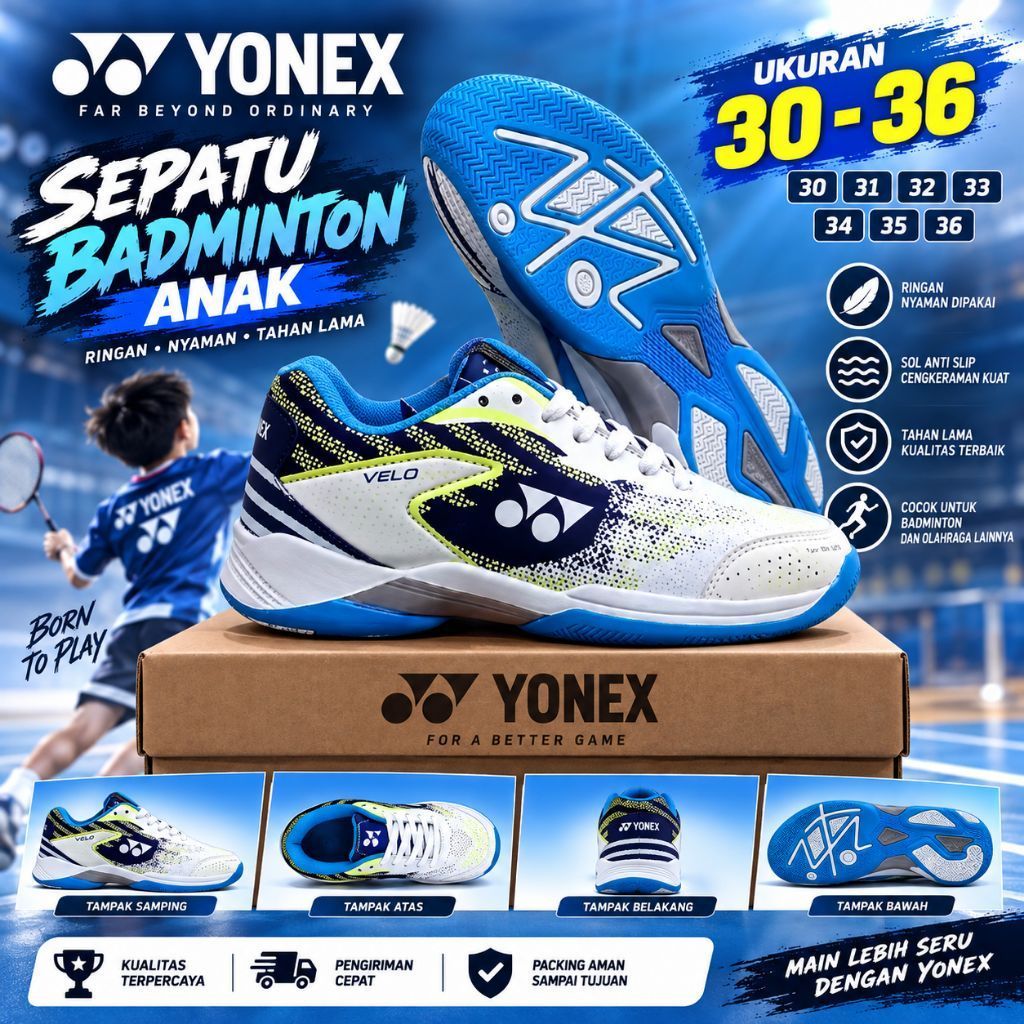 SEPATU bulutangkis badminton anak new lining saga kids biru olahraga sol karet berdenyit