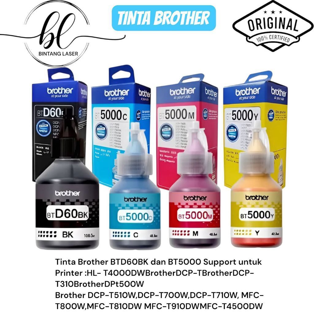 1SET TINTA BROTHER D60BK BT5000 PRINTER BROTHER TIPE DCP - T310  DCP -T510W  DCP-T710W