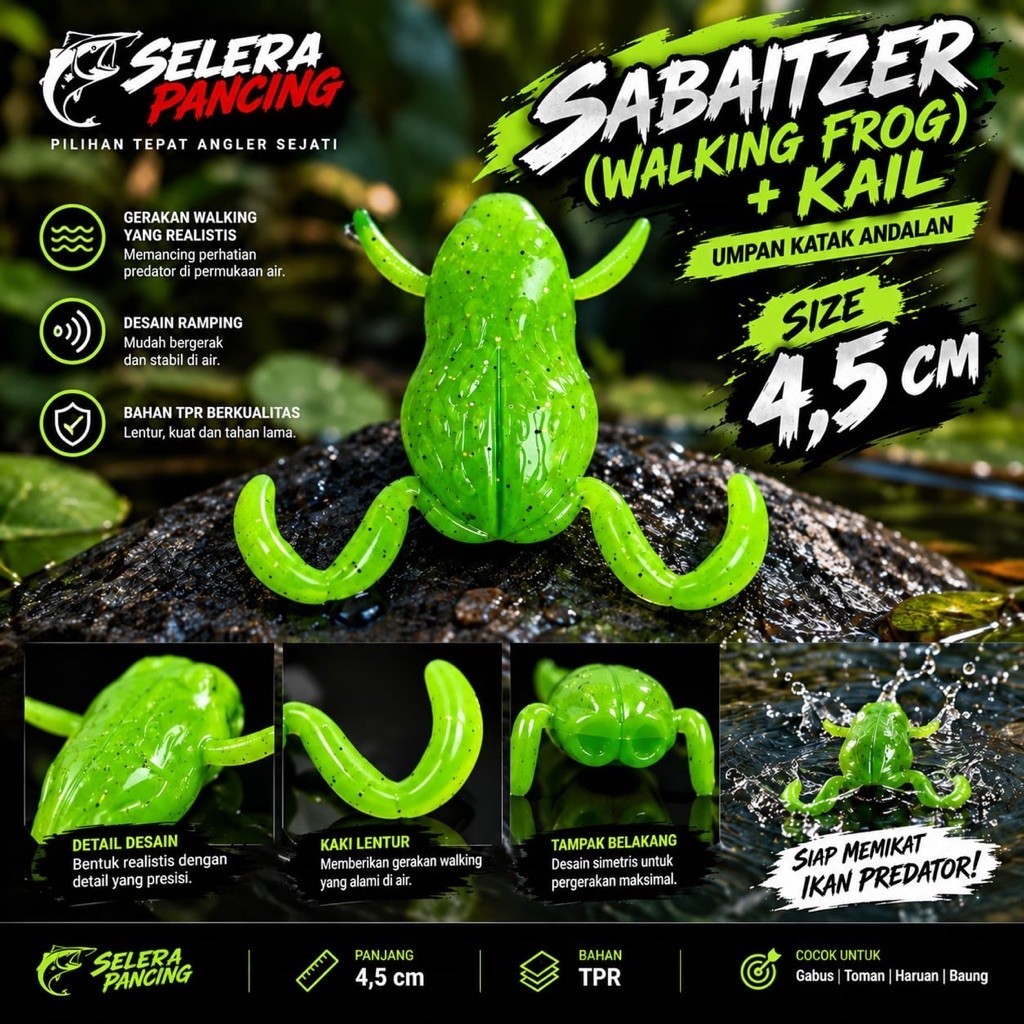Sabaitzer Walking Frog+Kail 4,5cm Umpan Pancing Casting Gabus Toman