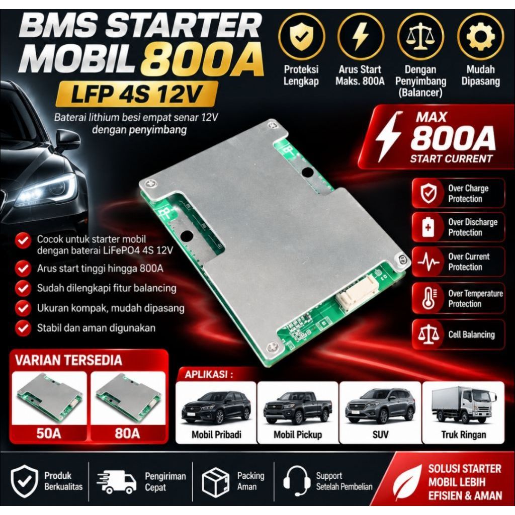BMS Starter Mobil Max 800A LFP 4S 12V 50A 80A