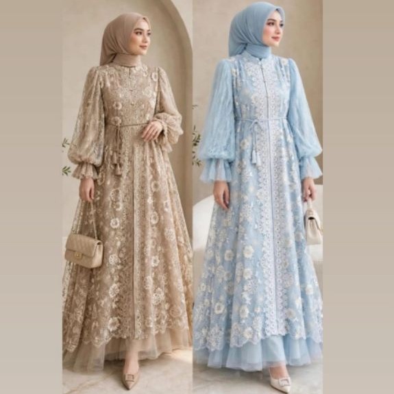 Ina fashion gamis 2in1 brokat inner outer |DRESS PREMIUM