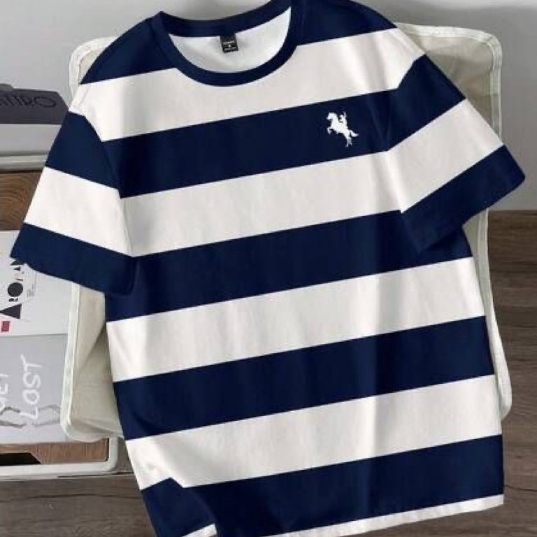 Kaos Kaus Pria Lengan Pendek Motif Garis Horisontal Biru Putih Kerah Bulat Kasual