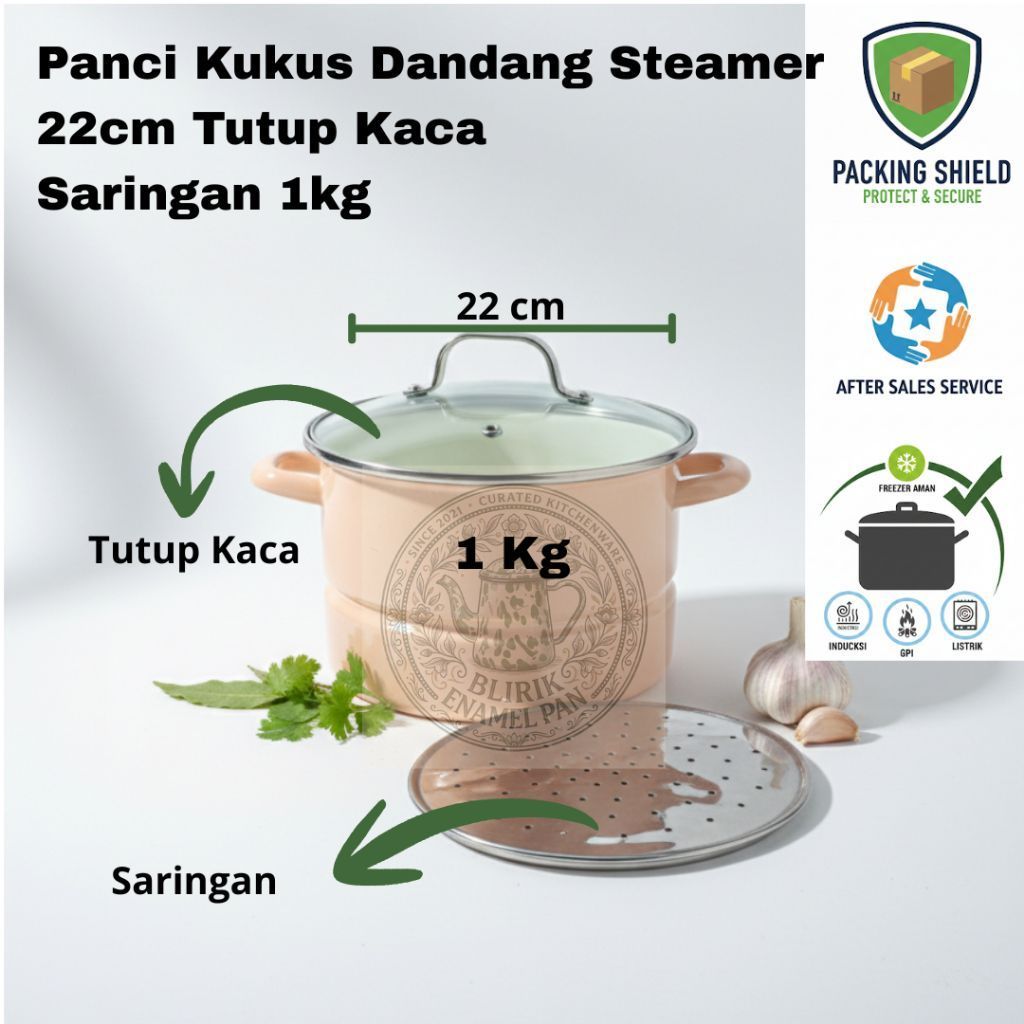 Panci Kukus Dandang Steamer 22cm Tutup Kaca Saringan 1kg BLIRIK Enamel Pan