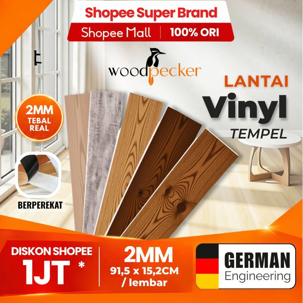 WOODPECKER - Lantai Vinyl Tempel 2MM Sticker Motif Kayu