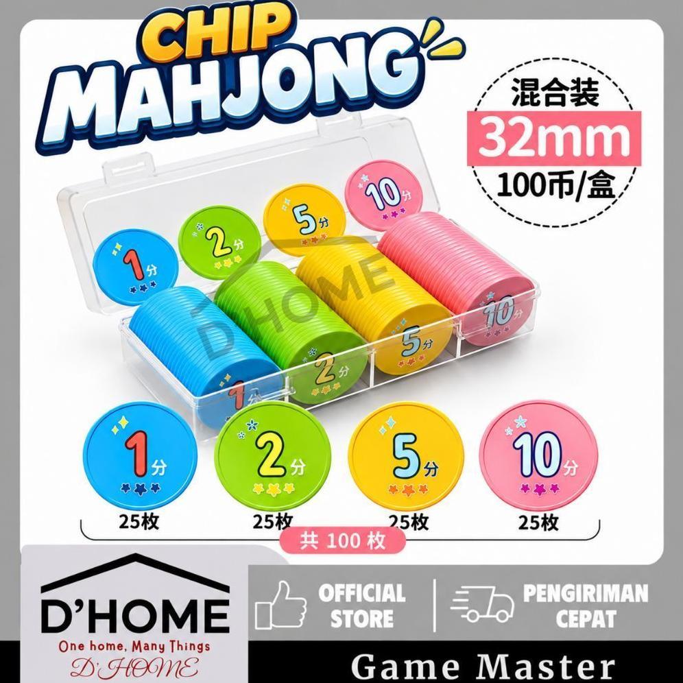 CHIP MAHJONG 32MM 100PCS Koin Chip Permainan Mahjong Warna Warni + Box Penyimpanan DISKON