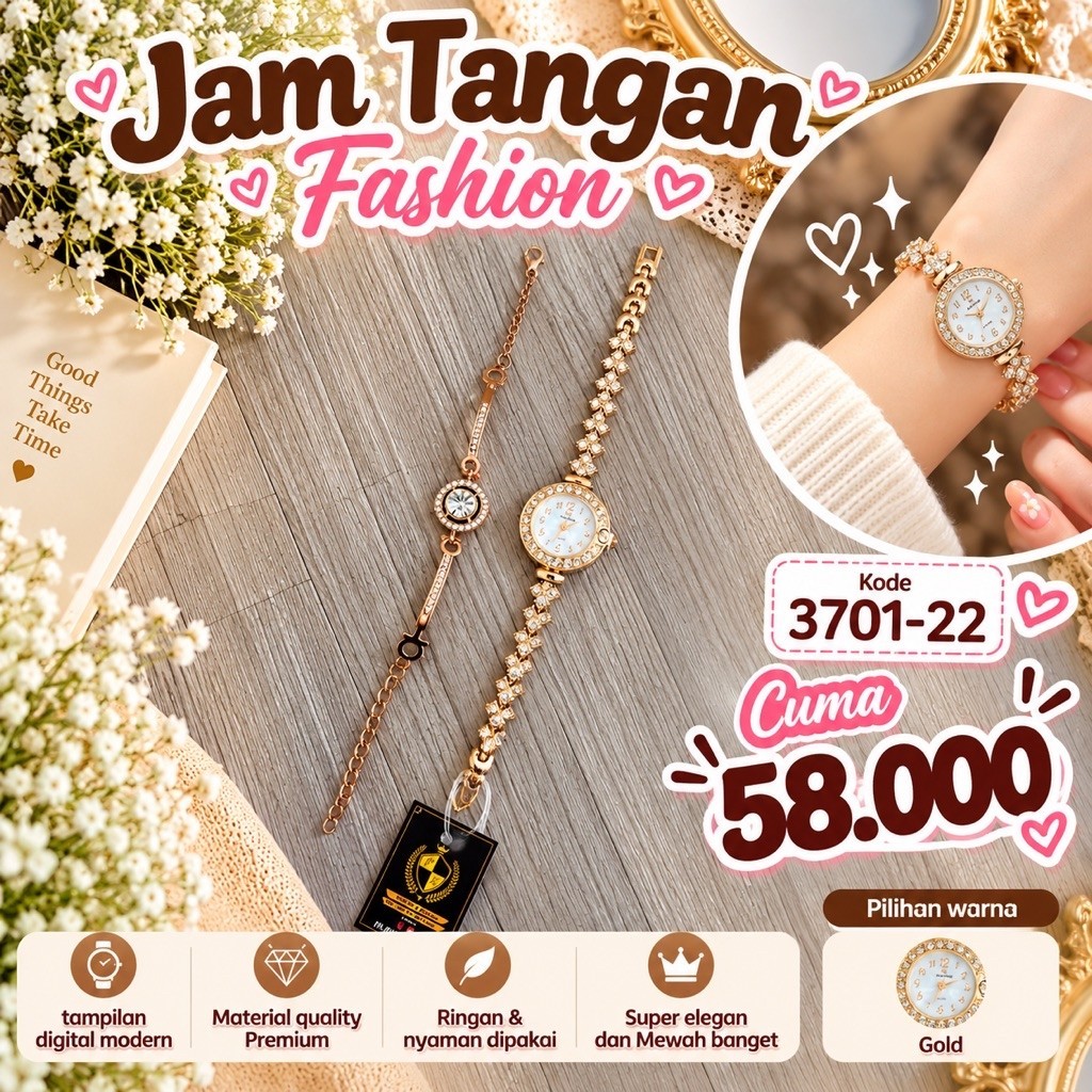 JAM TANGAN + GELANG WANITA 3701 || JAM TANGAN + GELANG FASHION WANITA