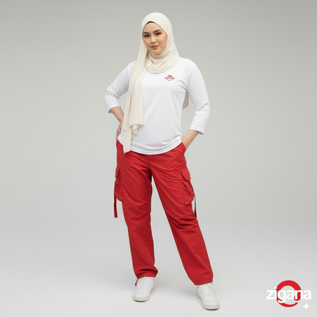 ZIGANA Celana Panjang Merah Putih Cargo Pant Wanita Jumbo | Celana Panjang Big Size Melar