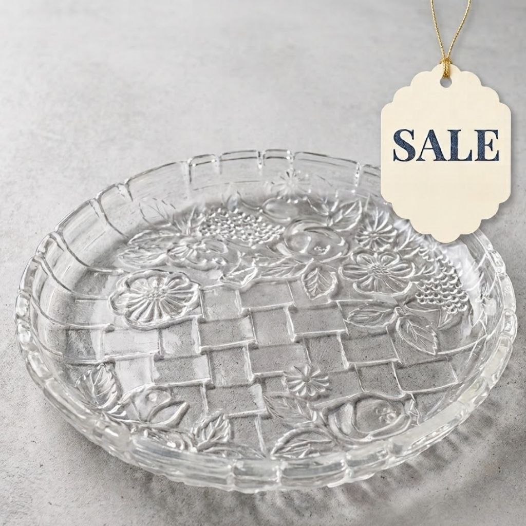 SALE Piring Saji Kaca Bening Relief Bunga & Anyaman / Crystal Fruit Platter