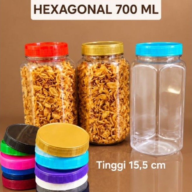Jar Toples Hexagonal Plastik 700ml TUTUP NATURAL - GOLD