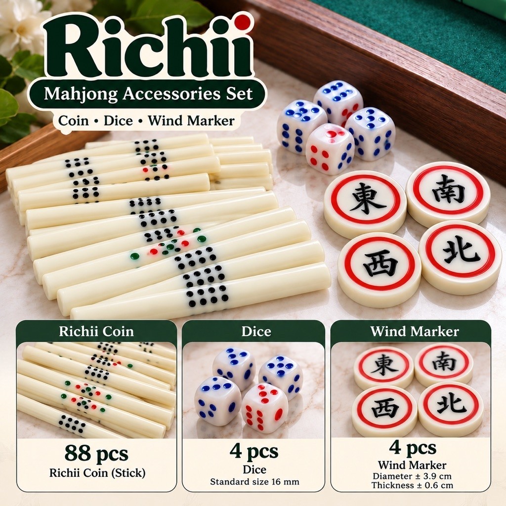 Riichi Mahjong Accessories Set – Koin Stick 88 Pcs, Dadu 4 Pcs, Wind Marker 4 Pcs
