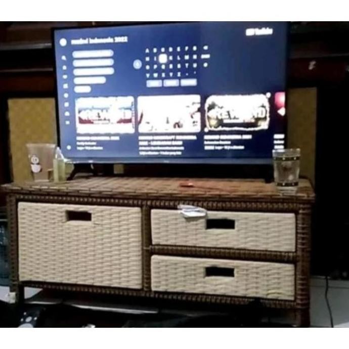 Meja Tv Rotan Sintetis Meja Rak Laci 3 Serbaguna