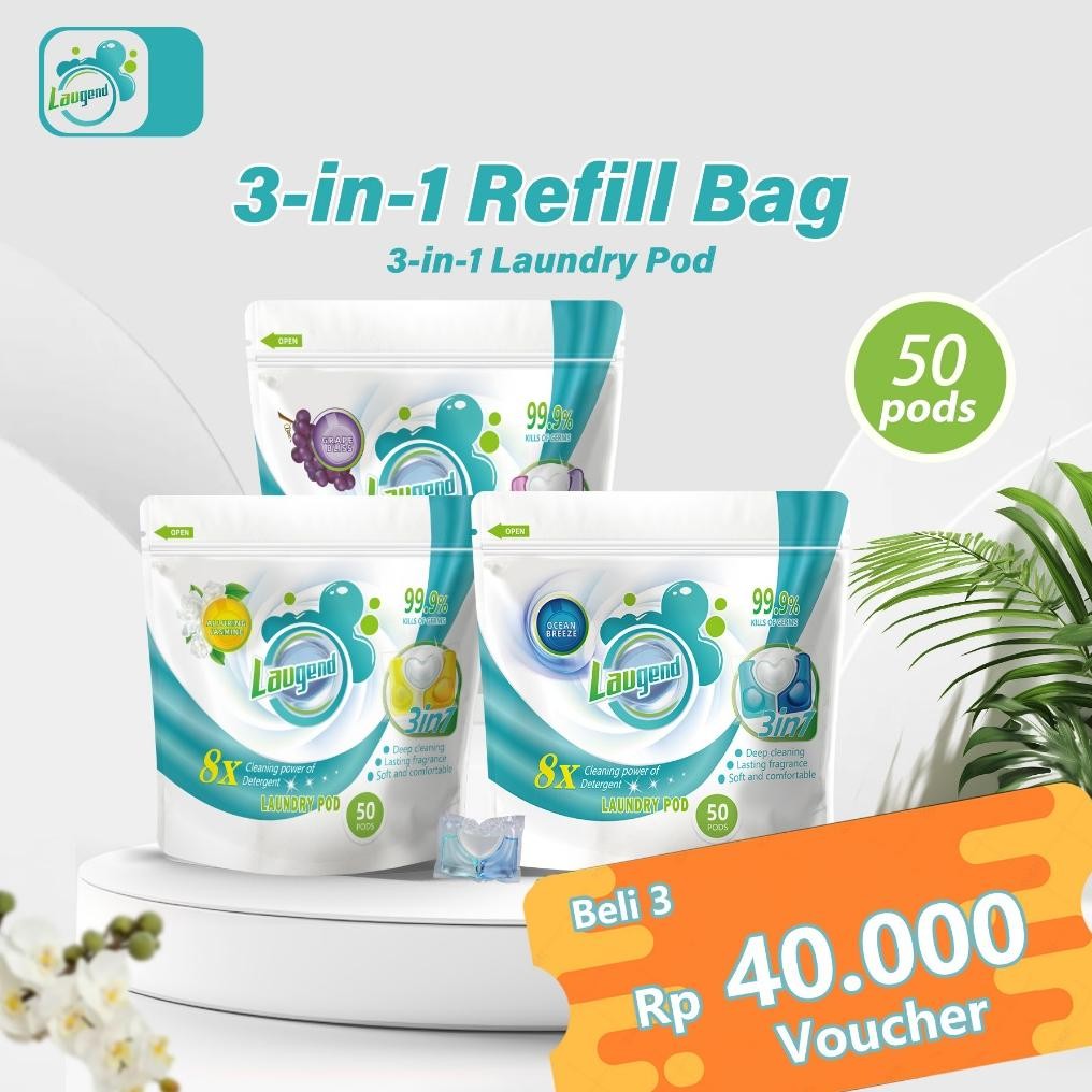 Laugend 3-in-1 Laundry Pod, 50 PCS Refill Bag, 8x Kekuatan, Anti Bakteri, Sterilisasi, Softener, Sab