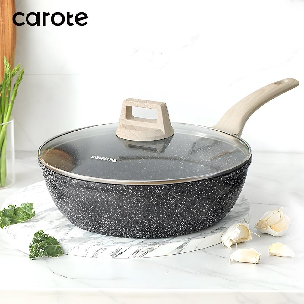 (Terbaru) CAROTE Essential Woody Panci Wajan Penggorengan Besar Anti Lengket 24/28/30/32cm Lengkap D