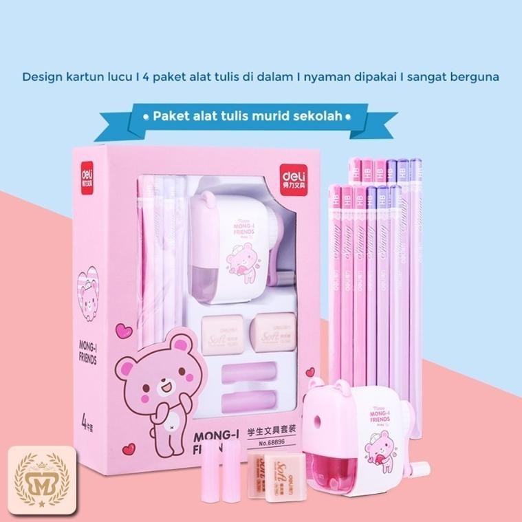 

COD PROMO Perlengkapan Sekolah Set Alat Tulis Rautan Pensil Penghapus Deli Stationery Set 4 in 1 Rautan Pensil 12pcs Pensil 2 Penghapus Dan 2 Penutup Pena