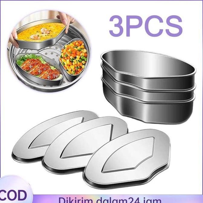 3pcs Wadah Kukusan Stainless Wadah Kukus Makanan Panci Kecil Stainless Mudah Disiram Kotak Kukusan B