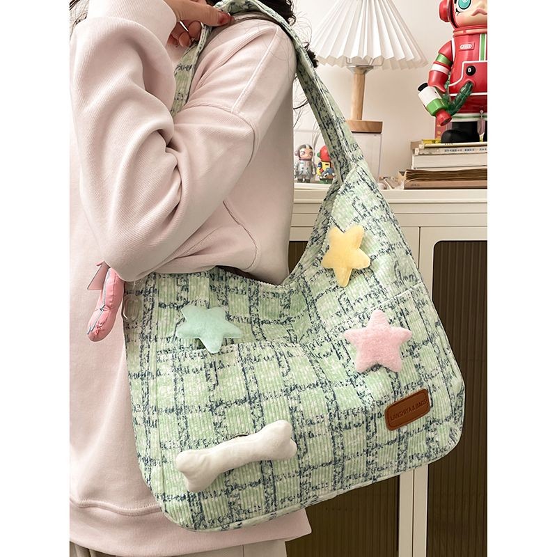 Y2.Morgan Tas Ketiak Niche Asli Wanita Baru  Tas Bahu Kotak-Kotak Wol Berkapasitas Besar  Tas Jinjin