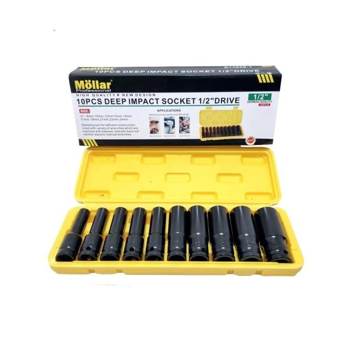 Mollar Deep Socket Impact Set 10 Pcs (8-24Mm) 1/2 Inch Deep Wall Sock