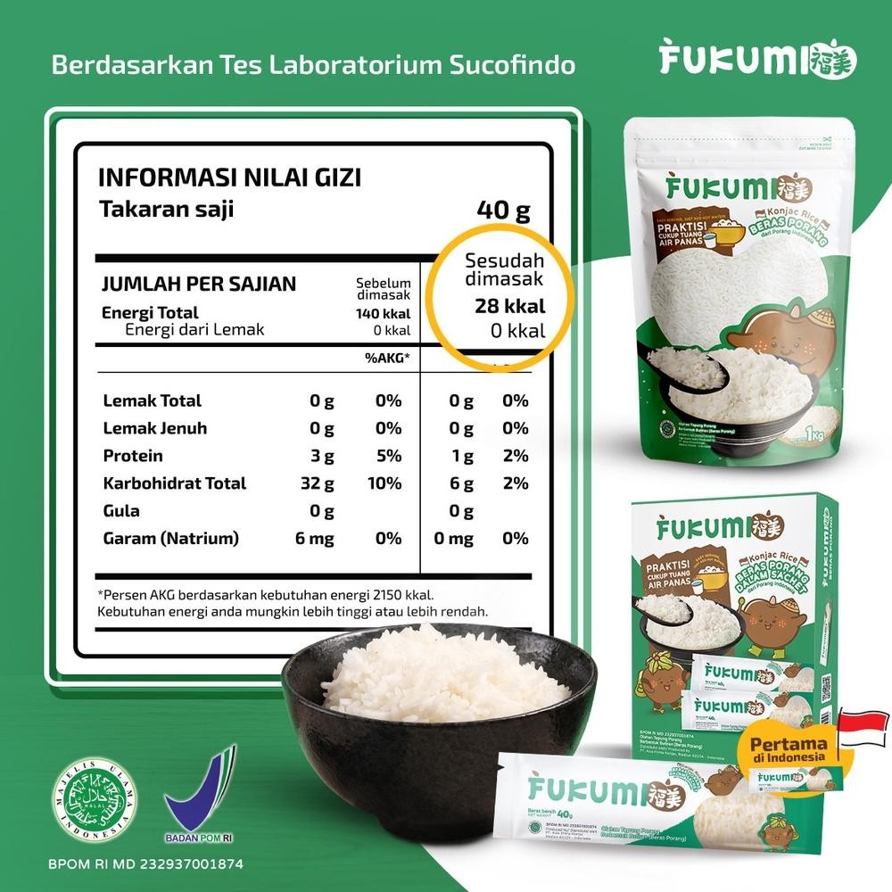 

Fukumi Beras Porang Box Sachet - Fukumi Shirataki Beras Konjac Rice Diet Isi 7 Sachet X @40Gr