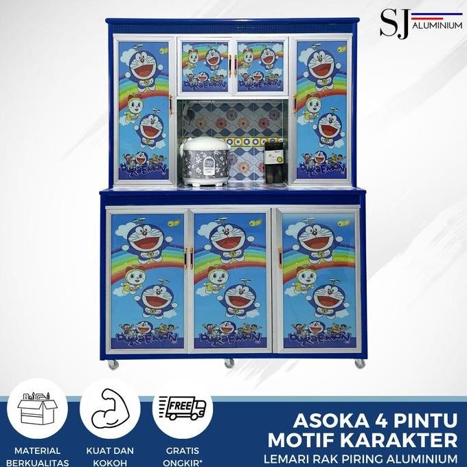 Rak Piring Lemari Dapur Kaca Aluminium - Asoka 4 Pintu Motif Karakter