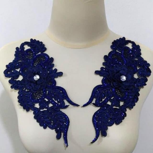 "'''] Renda Bordir Kerah Full Payet (Bambu Patah) Sepasang Biru Navy