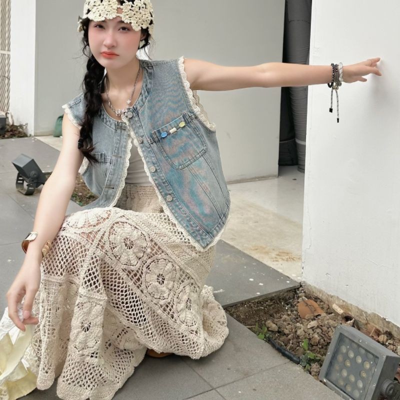 Rompi Wanita Fashion Korea Serbaguna Slimming Denim Renda Tanpa Lengan Atasan Rompi