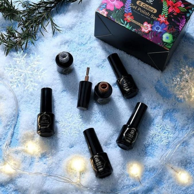 MEFA SET CAT KUKU GEL - 6 WARNA PUTIH ABU-ABU COKLAT PUTIH DENGAN STIKER CAT KUKU GEL GLITTER PERAK 